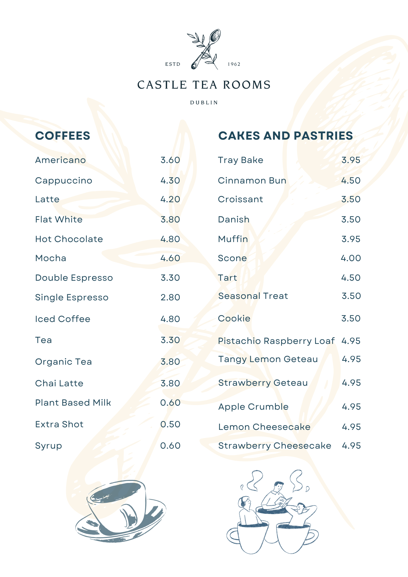 castle tea rooms menu, coffee and cakes menu