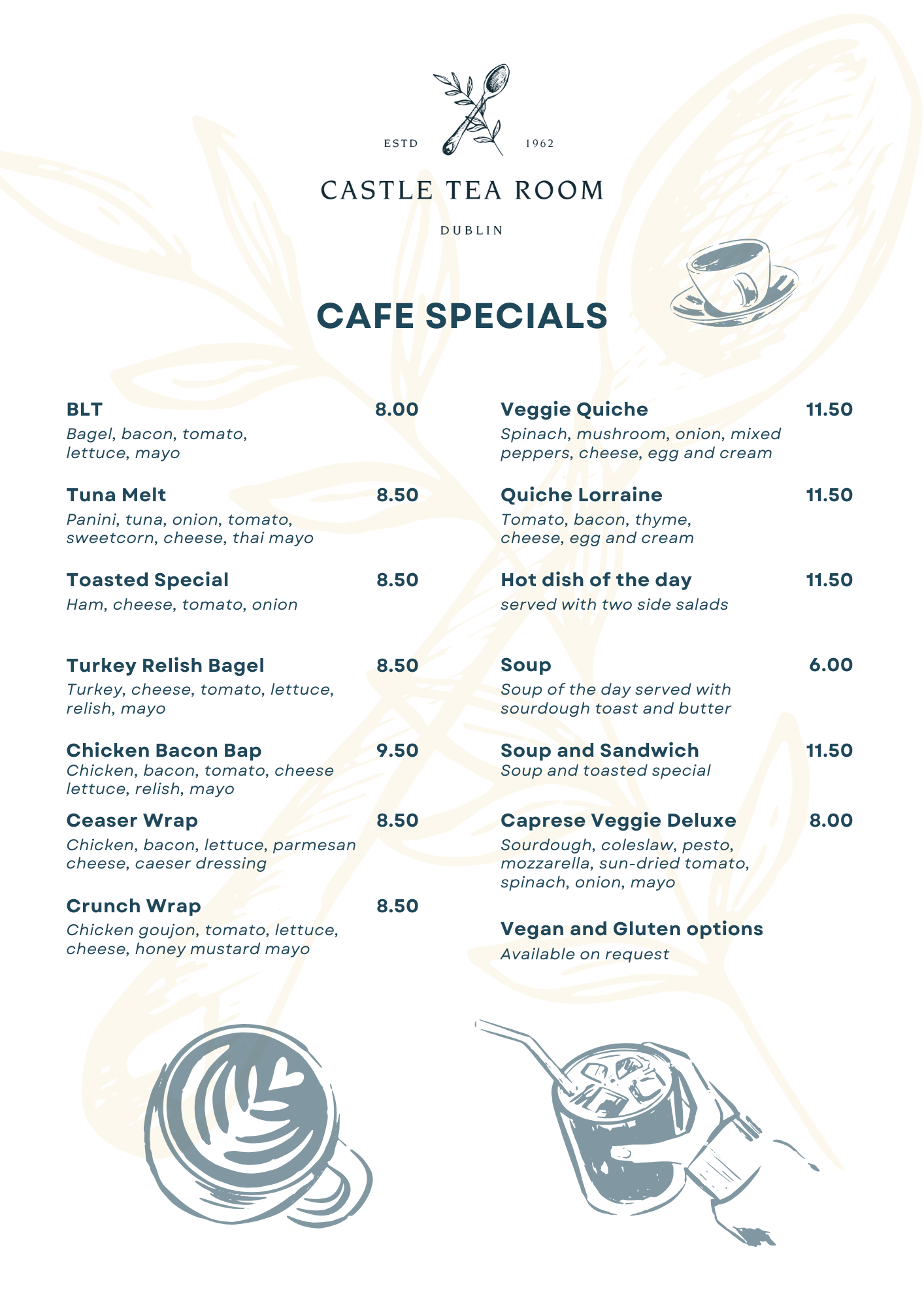 castle tea rooms menu, special menu, sandwich menu